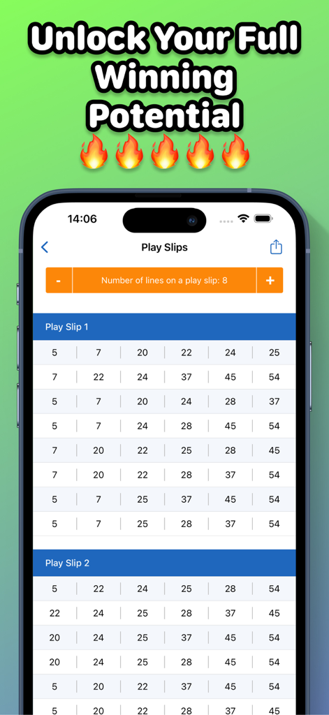 Lotto Lottery Number Generator - Interface of the Lotto Lottery Number Generator app showing multiple generated play slips with winning number combinations