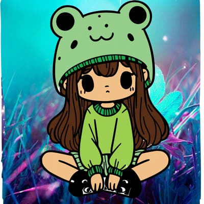 a girl wearing a frog hat and some frog socks