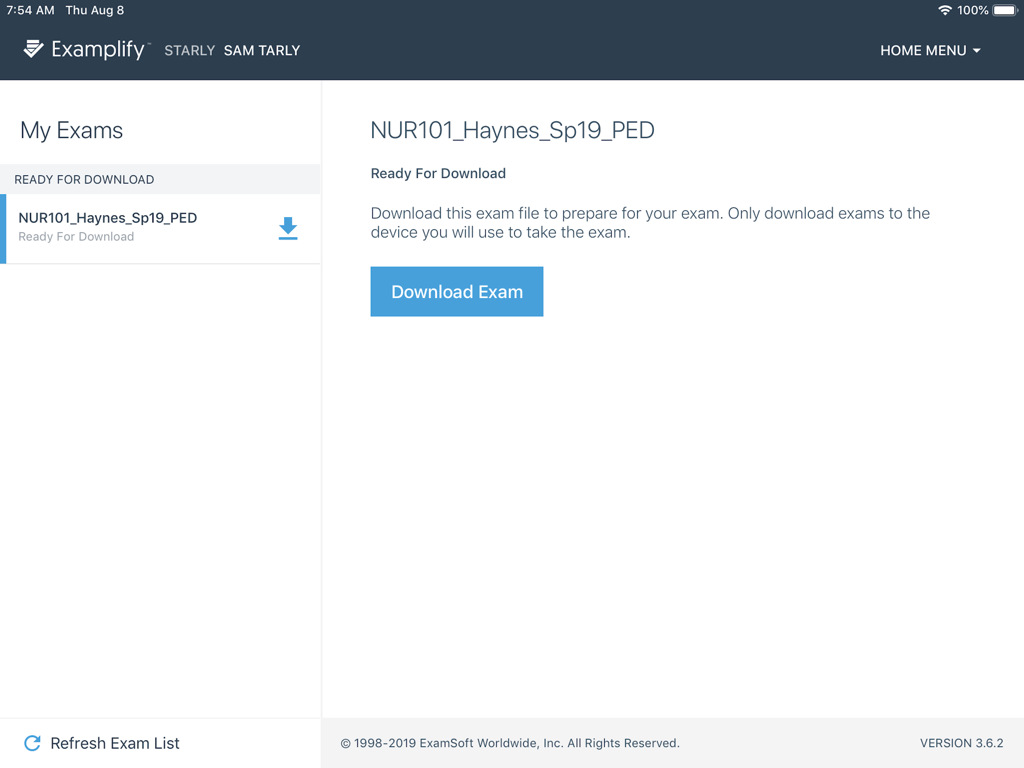 Examplify iPad app interface showing a nursing exam file ready for download