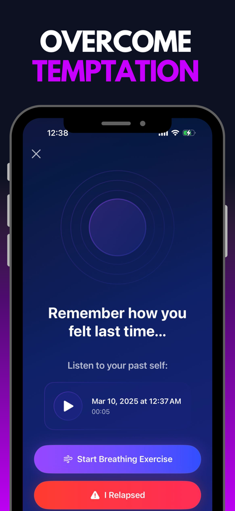 Pantalla de la aplicación móvil SnapOut que muestra opciones para superar la tentación, incluido un ejercicio de respiración y un mensaje grabado de tu yo pasado.