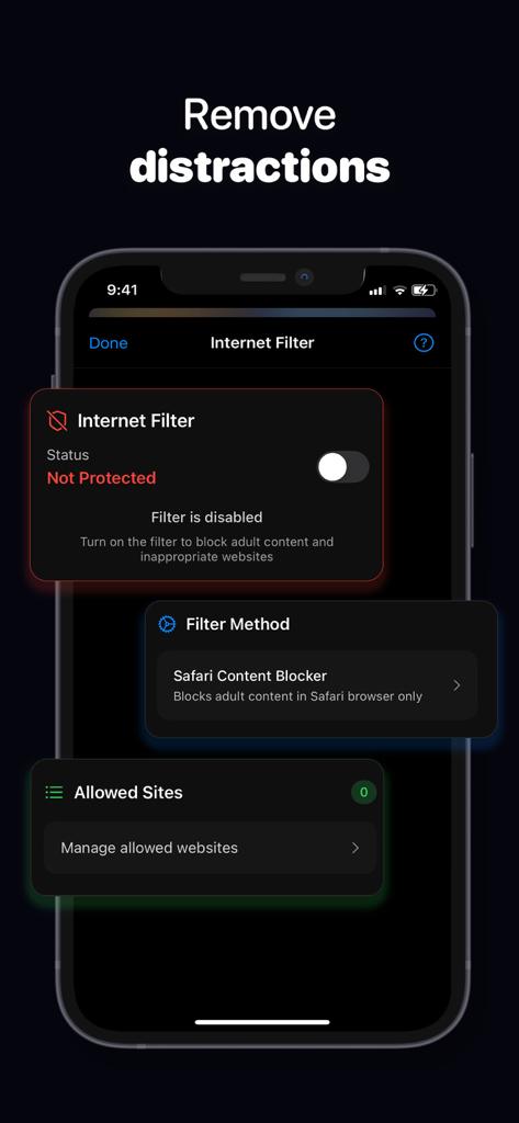 Screenshot of the Rewired app Internet Filter interface showing options to block adult content and manage allowed websites on Safari
