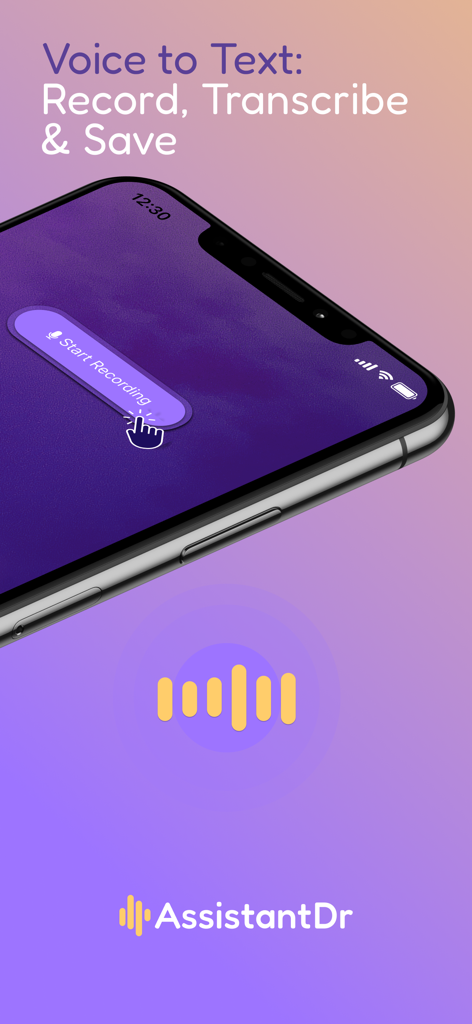 Assistant Dr. - Medical Scribe - Smartphone screen displaying the Assistant Dr. app voice-to-text recording feature for medical charting and documentation.