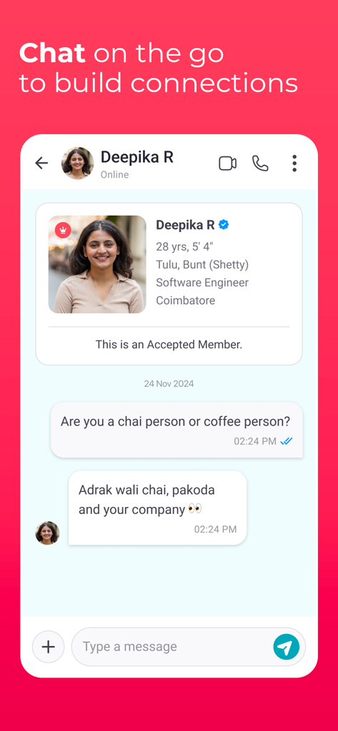 Shaadi.com app chat interface showing a conversation between potential matches
