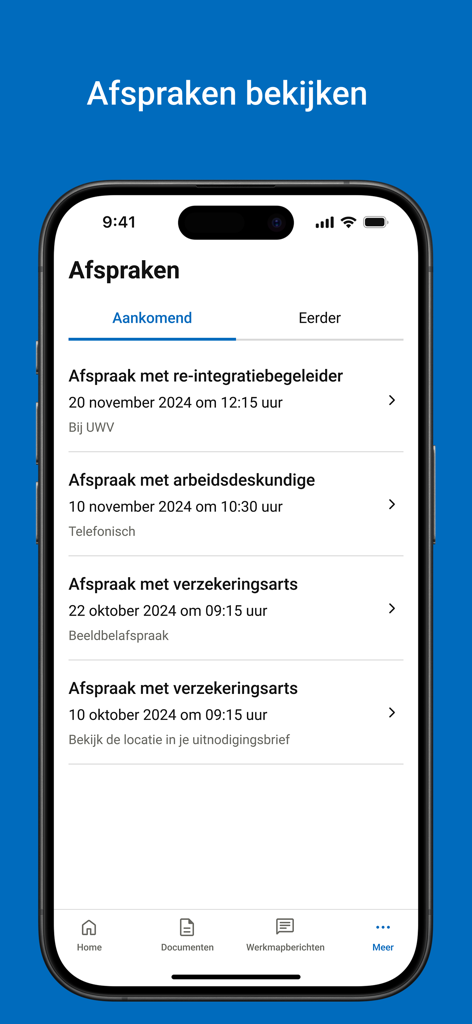 UWV - Mobile phone screen displaying a list of upcoming appointments in the UWV app