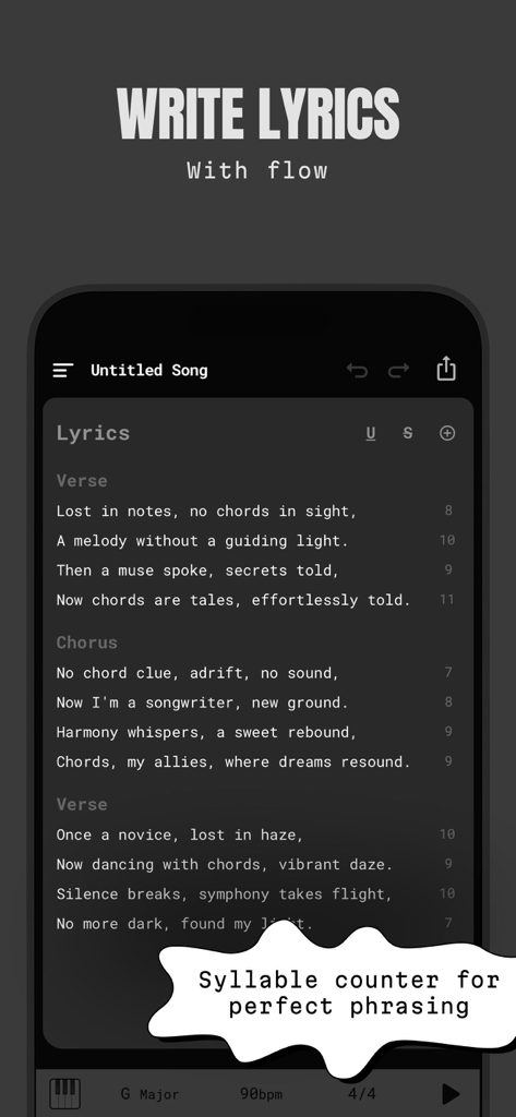 ChordButter: Easy Songwriting - ChordButter app interface showing a lyric notepad with an integrated syllable counter for songwriting