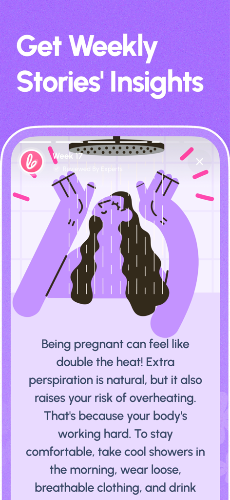 Pregnancy Tracker - Lifeing - Lifeing Pregnancy Tracker app screen showing weekly health insights and tips for week 17 of pregnancy.