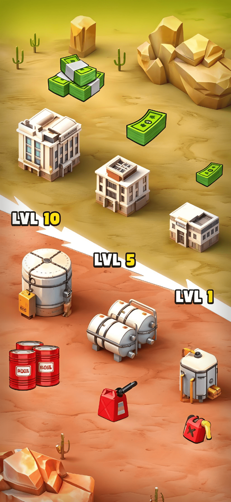 War Master : Strategy Battle - In-game view of building progression levels and oil resource management in a desert environment