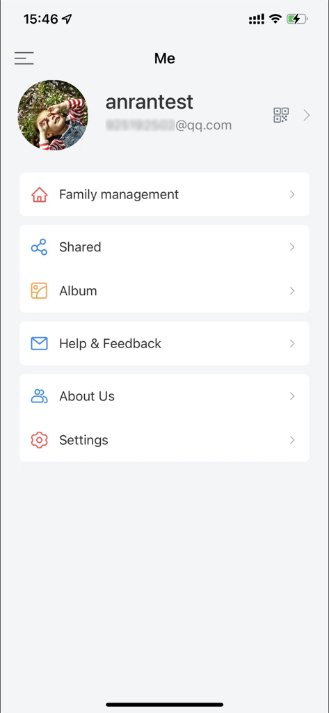 Menú de perfil de usuario y configuración en la aplicación de cámaras de seguridad ANRAN