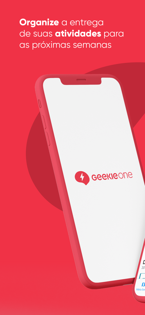 Smartphone exibindo o logotipo do app Geekie One e um texto sobre a organização das atividades escolares
