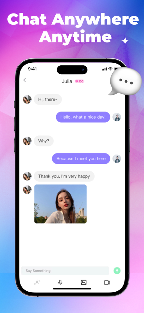 YOYO:Live Stream & Video Chat - A screenshot of the YOYO app chat interface showing a text conversation and a user photo on a purple background.