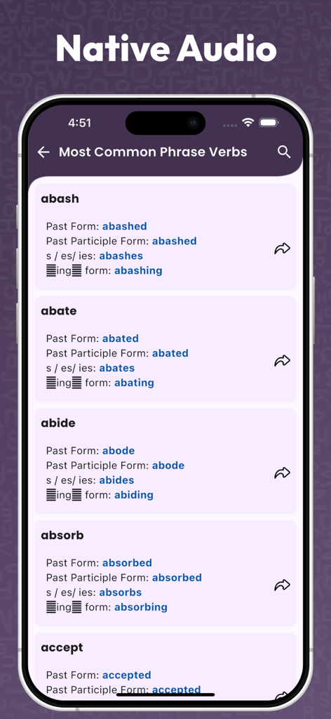 Idioms and Phrases - English - Una pantalla que muestra verbos frasales comunes en inglés y sus diferentes formas para el aprendizaje de idiomas.