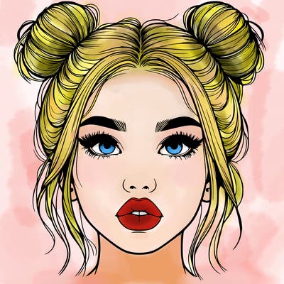 realistic girl with two buns on her hair and lips