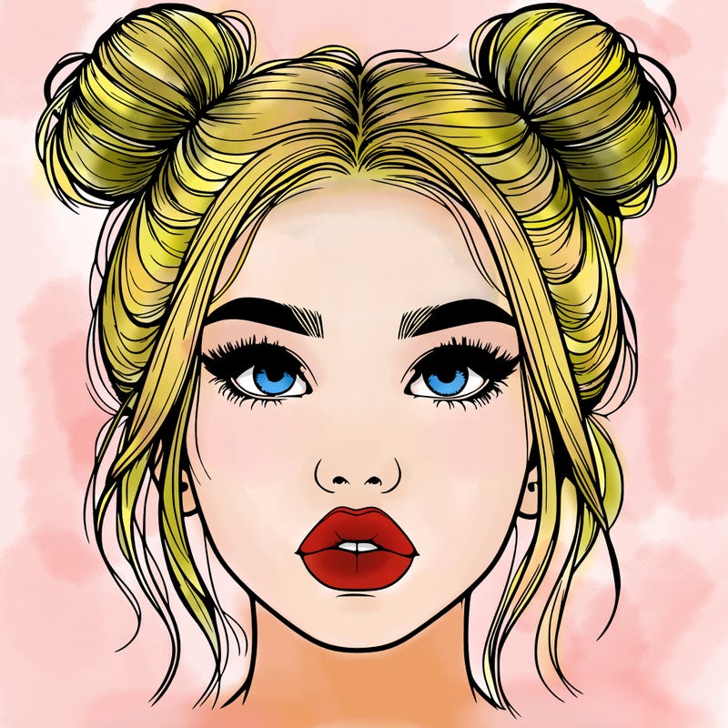 realistic girl with two buns on her hair and lips