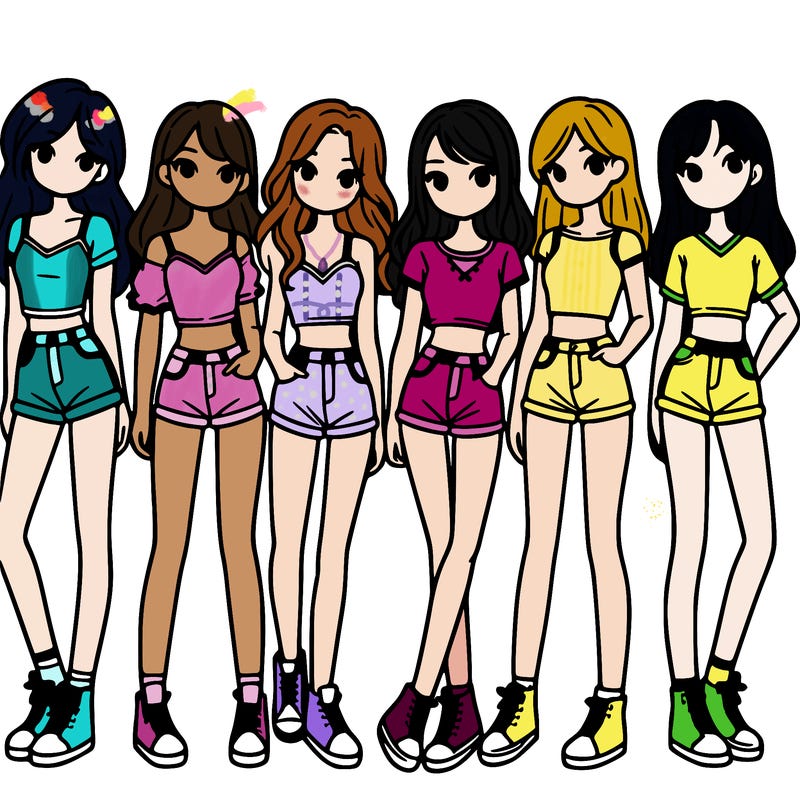 a group of girls wearing crop tops and shorts
