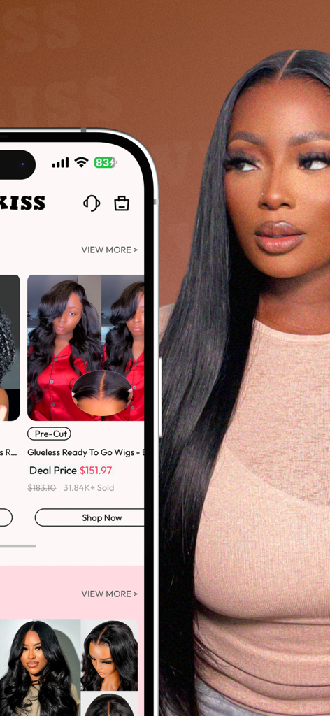Westkiss Hair mobile app interface showing glueless human hair wigs and pricing