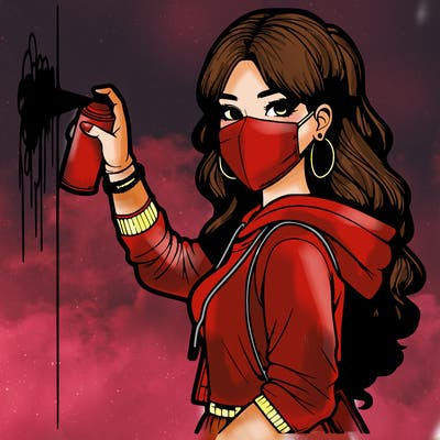 realistic girl with mask spray painting a wall