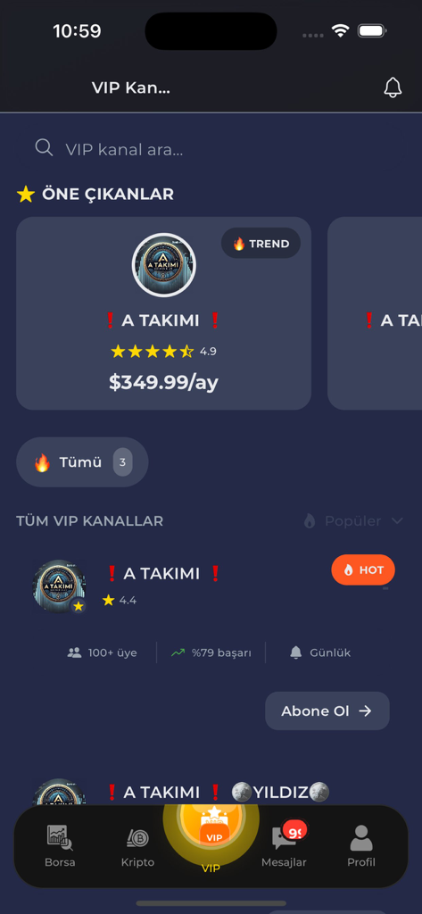 HisseChat - HisseChat mobile app interface showing VIP trading channels for stocks and crypto with subscription prices and performance statistics