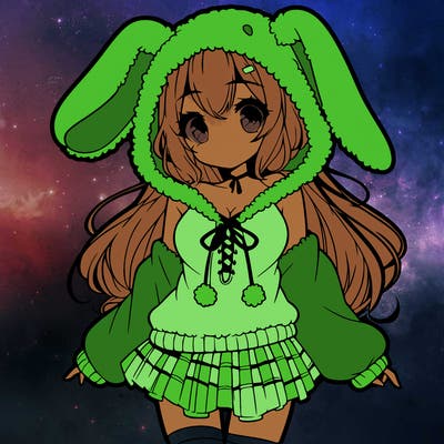 pretty anime girl wearing a fluffy hoodie with bunny ears on the hood and a skirt