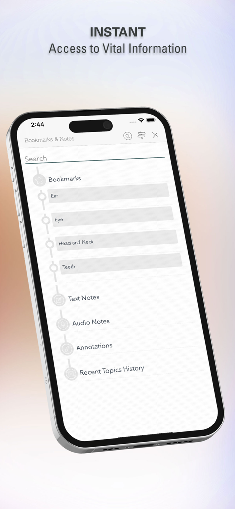 Rapid Review Anatomy Guide - Mobile app interface of the Rapid Review Anatomy Guide showing bookmarks for ear, eye, head and neck, and teeth anatomy, plus notes and annotations features.