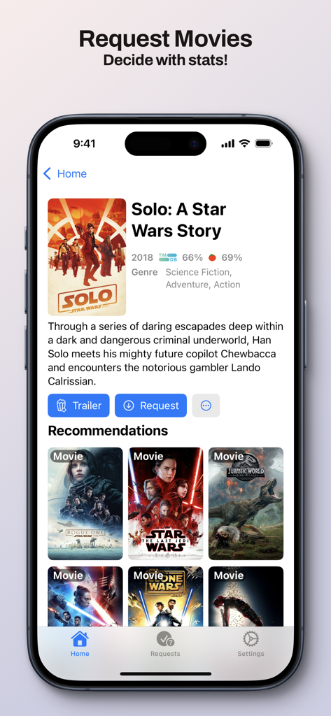 Ovue for Overseerr - Interface of the Ovue for Overseerr app showing movie details, ratings, and a request button.