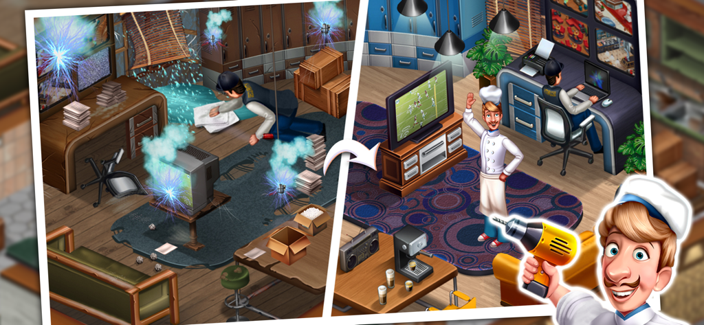 Comparación de antes y después de una oficina desordenada siendo renovada en una sala de seguridad moderna