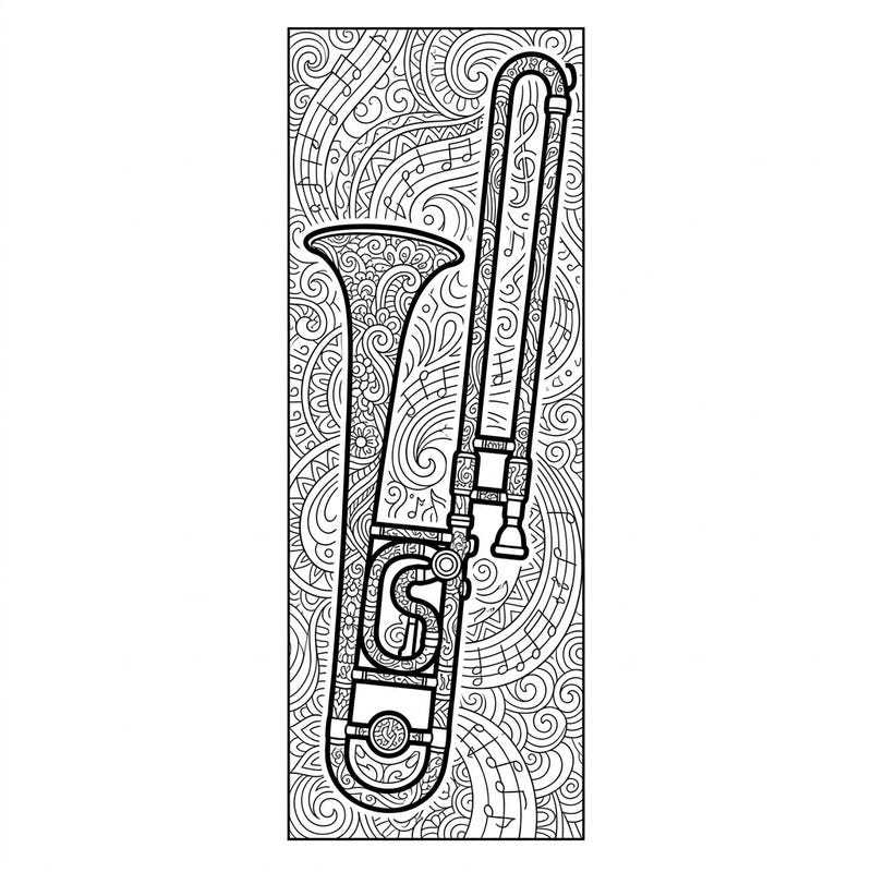 Dive into a symphony of patterns with this exquisite adult coloring bookmark featuring a detailed trombone. This intricate design is perfect for music lovers seeking a relaxing and creative coloring escape.