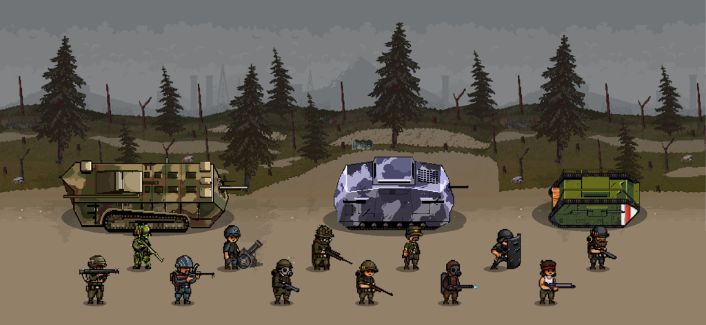 Selección de soldados y tanques de la Primera Guerra Mundial en pixel art en un escenario de campo de batalla