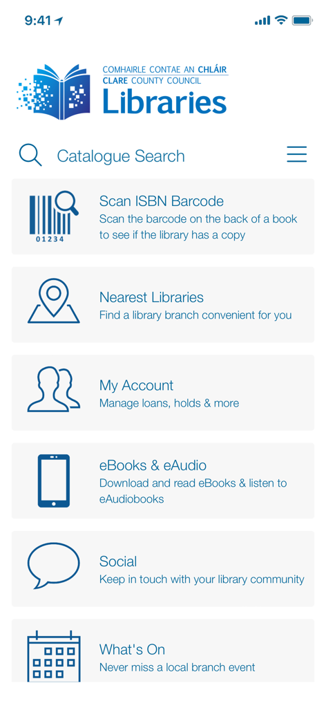 Clare County Library - Home screen of the Clare County Library app showing menu options like catalogue search and account management.