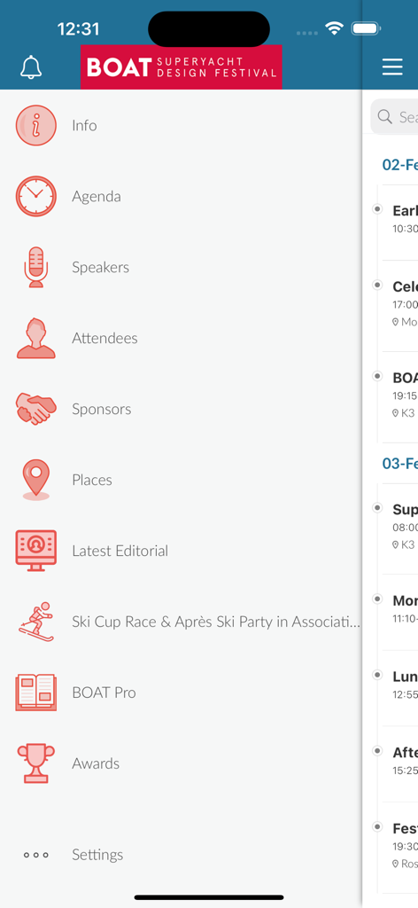 Navigation menu of the Boat International Events app showing sections for agenda speakers and networking