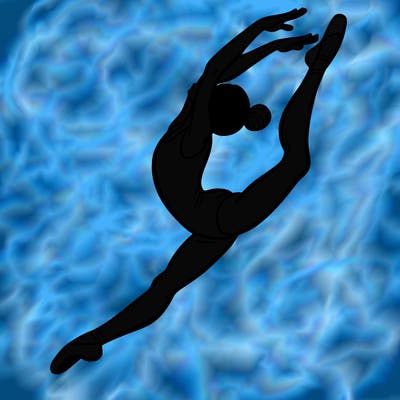 gymnast doing a leap in a leotard with a bent back leg