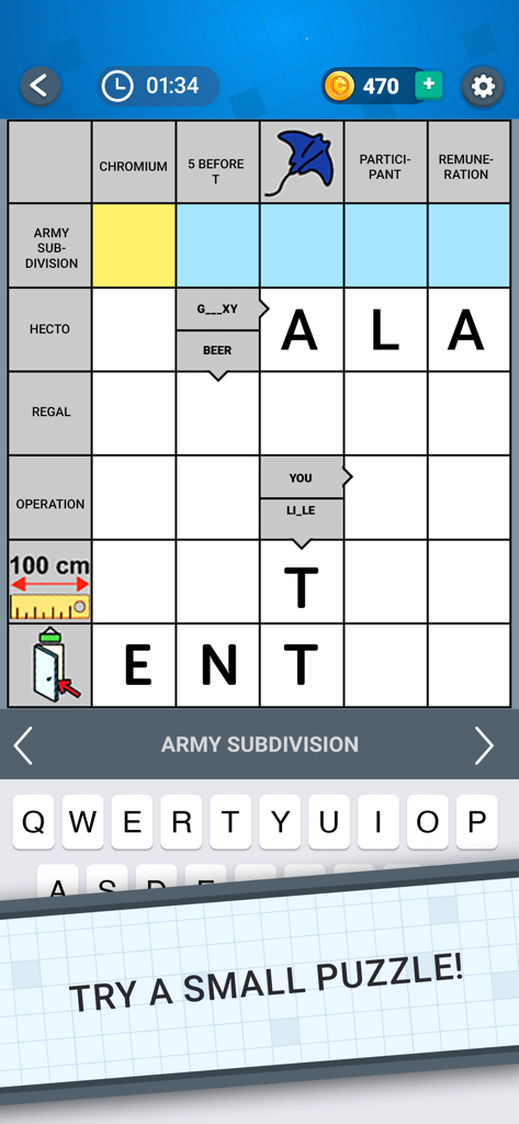Gameplay of Daily Crossword Arrow Solo showing a Scandinavian style crossword grid with picture clues and an on screen keyboard