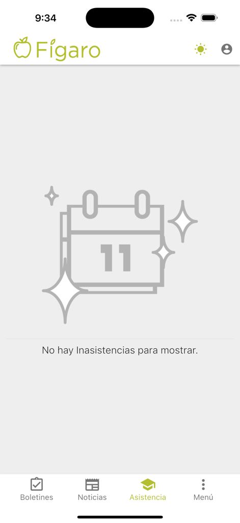 Attendance screen of the Figaro school management app showing no absences