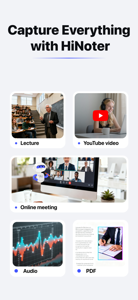 HiNoter - Al Note Taker - Gráfico que ilustra a HiNoter capturando notas de conferencias, videos de YouTube, reuniones en línea, audio y documentos PDF
