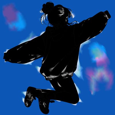 realistic girl jumping with a bun and oversized sweatshirt