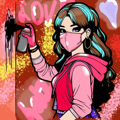 realistic girl with mask spray painting a wall