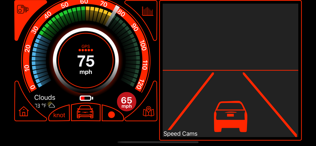 Speedometr - Speedometr app dashboard displaying 75 mph speed, 65 mph speed limit, and speed camera alerts.
