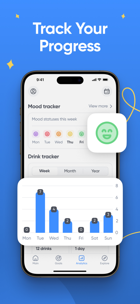 Sober Day - Sobriety Counter - Sober Day app interface showing weekly mood and alcohol consumption charts