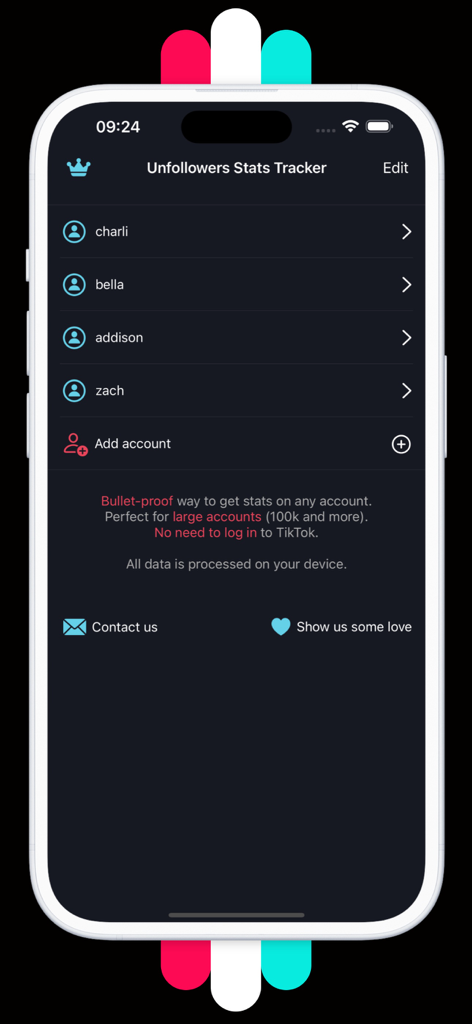 Unfollowers Stats Tracker app interface showing multiple TikTok accounts management with no login required