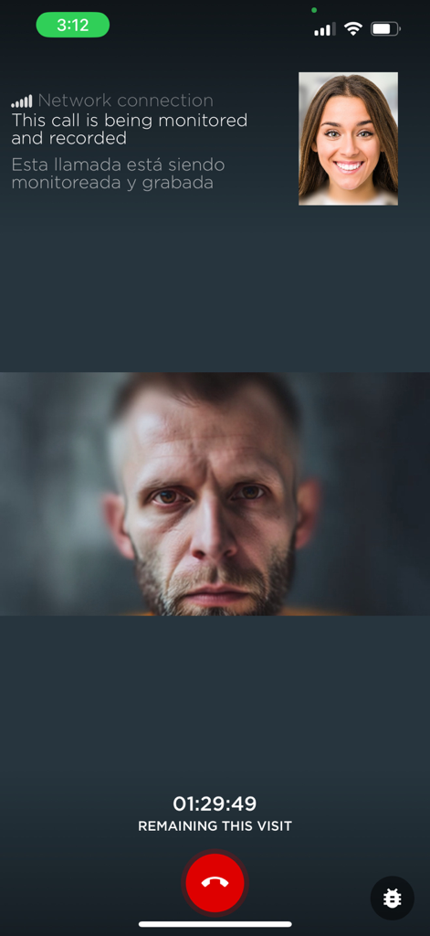 Interface of a remote video call on HomeWAV showing an inmate and a visitor with a countdown timer for the visit duration.