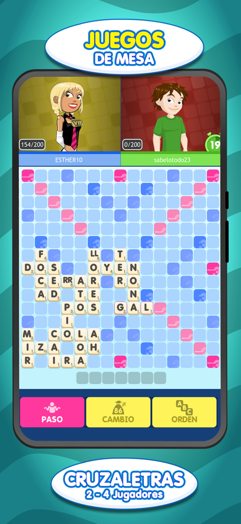 Interfaz del juego de palabras multijugador Cruzaletras en la app OPQA 2.0 con dos avatares de jugadores y un tablero de palabras en español