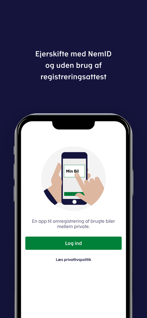 Écran de connexion de l'application Ejerskifte pour le transfert de propriété de voiture entre particuliers au Danemark, avec un bouton de connexion vert et un graphique d'immatriculation de voiture.