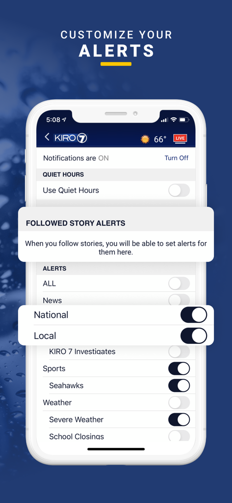 KIRO 7 News App- Seattle Area - Interface for customizing news and weather alerts in the KIRO 7 News app