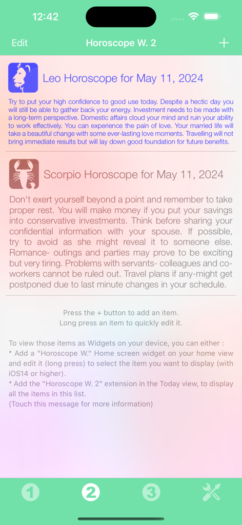 Daily horoscope forecast for Leo and Scorpio in a customizable widget app interface.