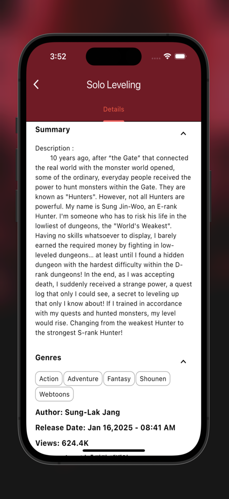 MangaGo - Ultimate Manga App - MangaGo app interface showing the summary and genre tags for the series Solo Leveling