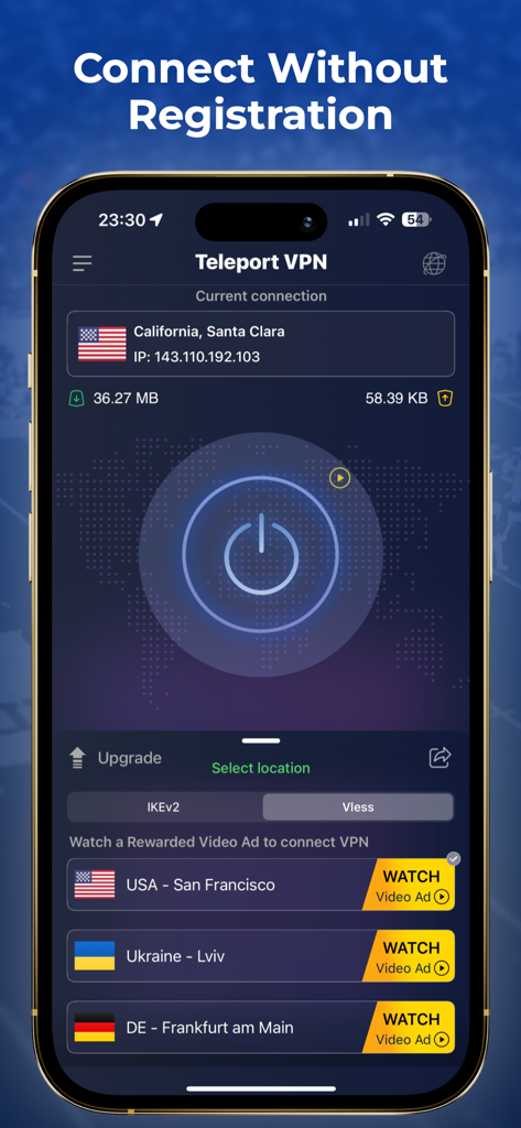 Teleport VPN - Super Unlimited - Teleport VPN mobile app interface showing a one tap connection screen with no registration required.
