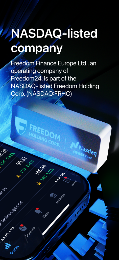 Grafica promozionale di Freedom24 che mostra Freedom Holding Corp è una società quotata al NASDAQ con un'interfaccia di app di trading mobile