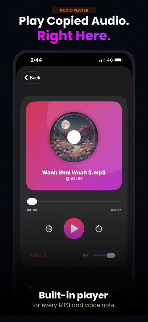 ClipBox – Copy & Paste Manager - Captura de pantalla de la aplicación ClipBox que muestra la interfaz del reproductor de audio incorporado para reproducir archivos MP3 copiados y notas de voz