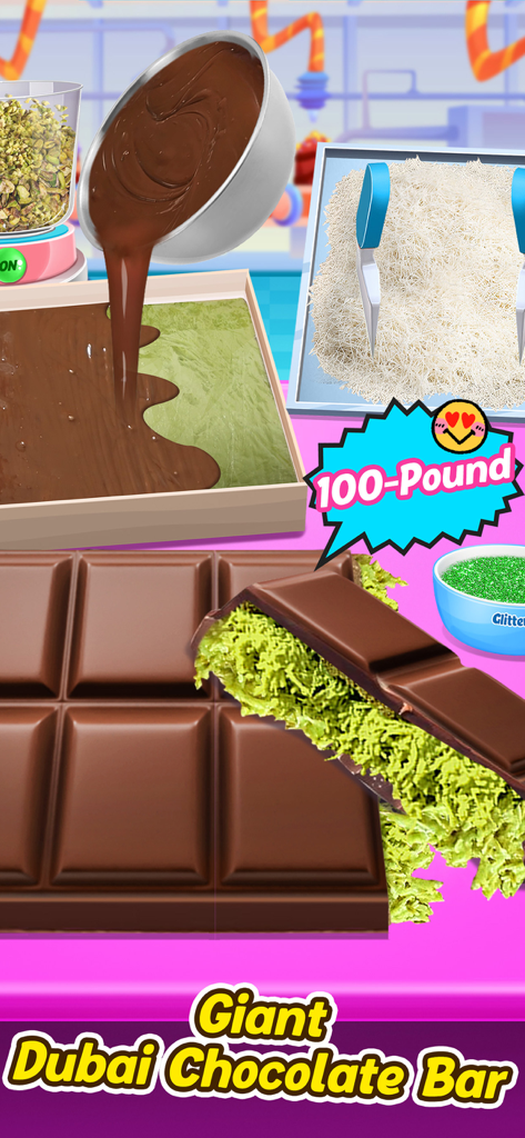 Candy Maker - Sweet Desserts - A virtual cooking game screen showing the creation of a giant Dubai chocolate bar with green pistachio and kunafa filling