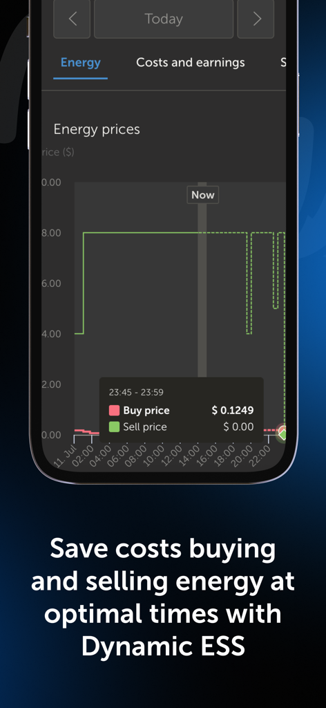 VRM: Victron Remote Management - Pantalla móvil mostrando un gráfico de precios de la energía y optimización de costes con Dynamic ESS