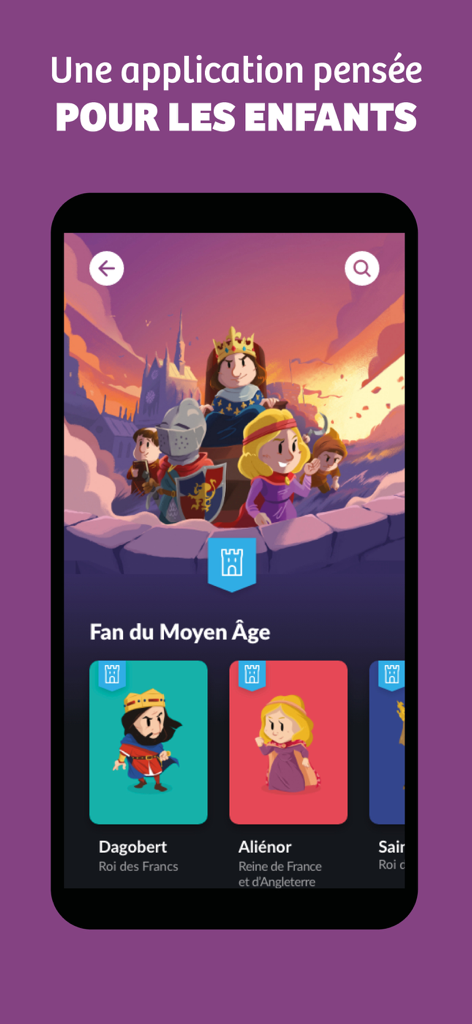 Screenshot of the Quelle Histoire educational app interface featuring historical figures from the Middle Ages.